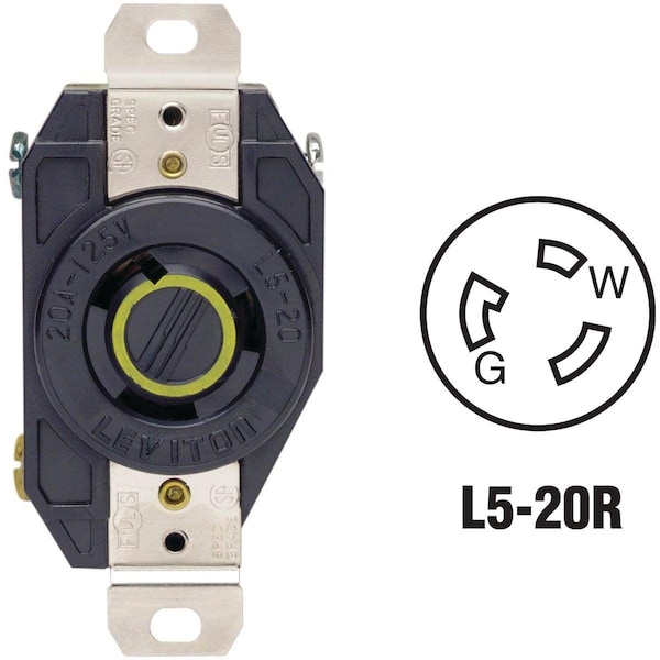 Locking Receptacle, L5-20R, 20 A, 125V AC, Black
